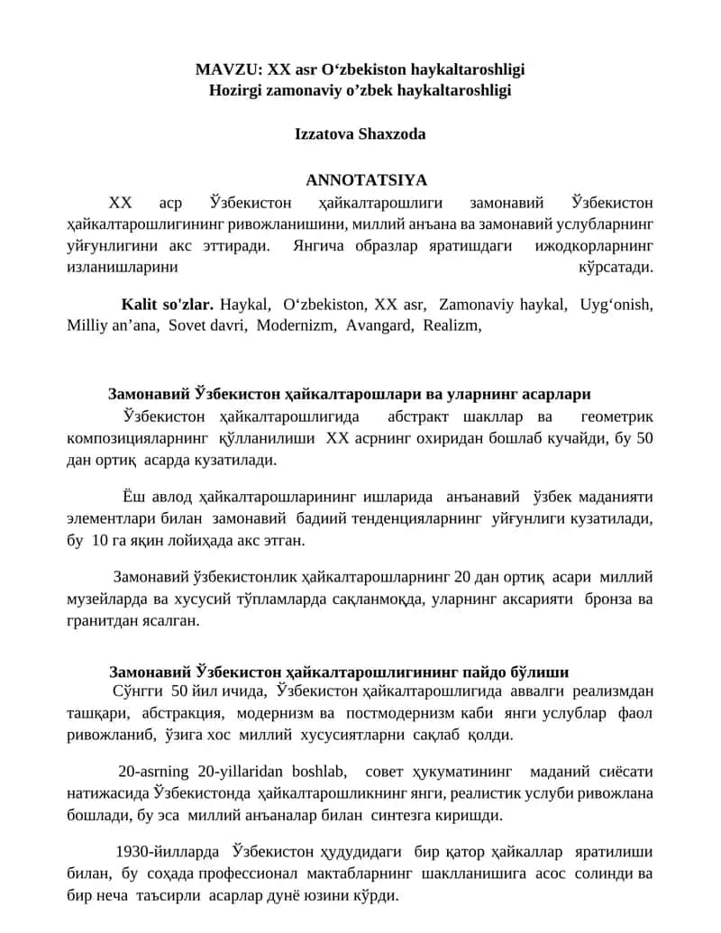 XX asr O‘zbekiston haykaltaroshligi 1