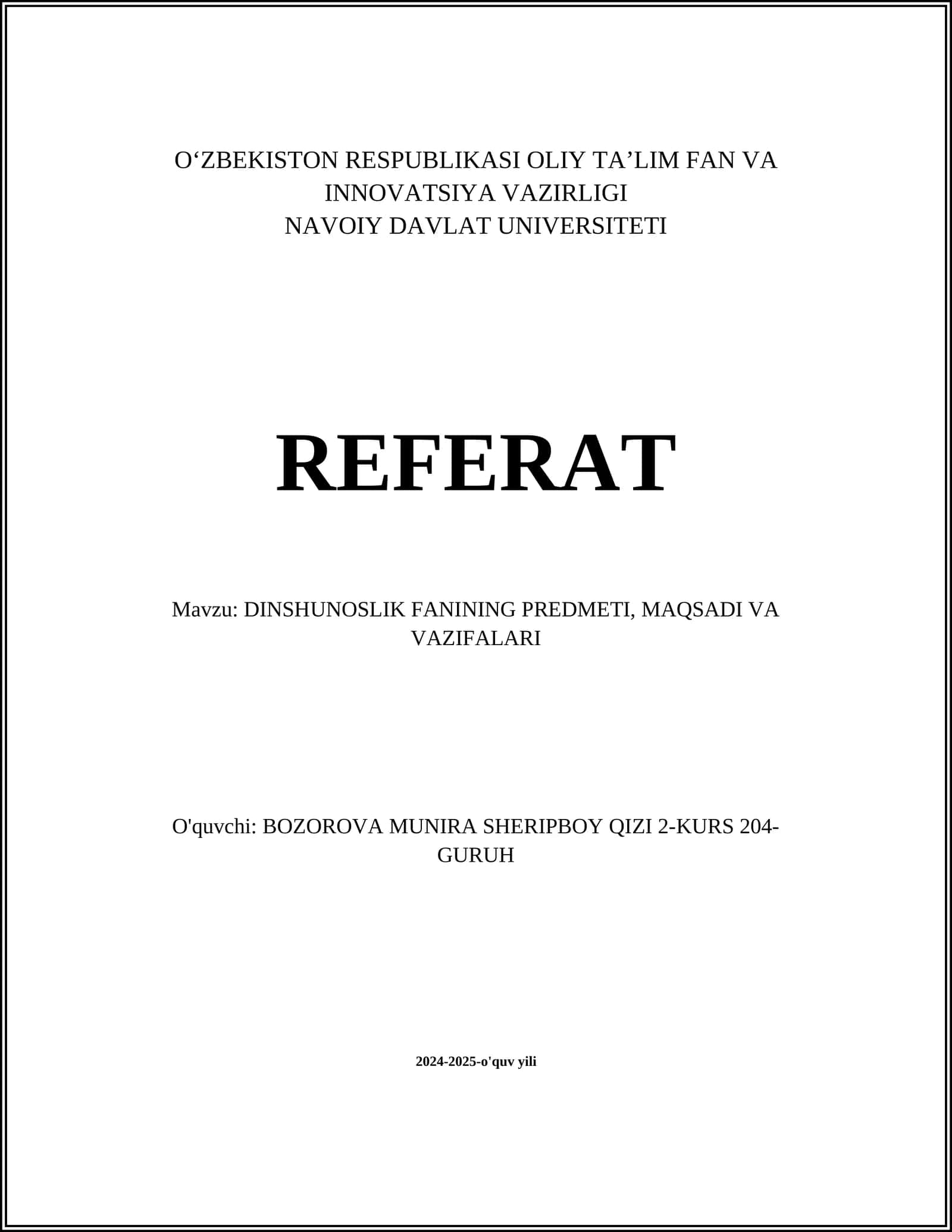 DINSHUNOSLIK FANINING PREDMETI, MAQSADI VA VAZIFALARI 1