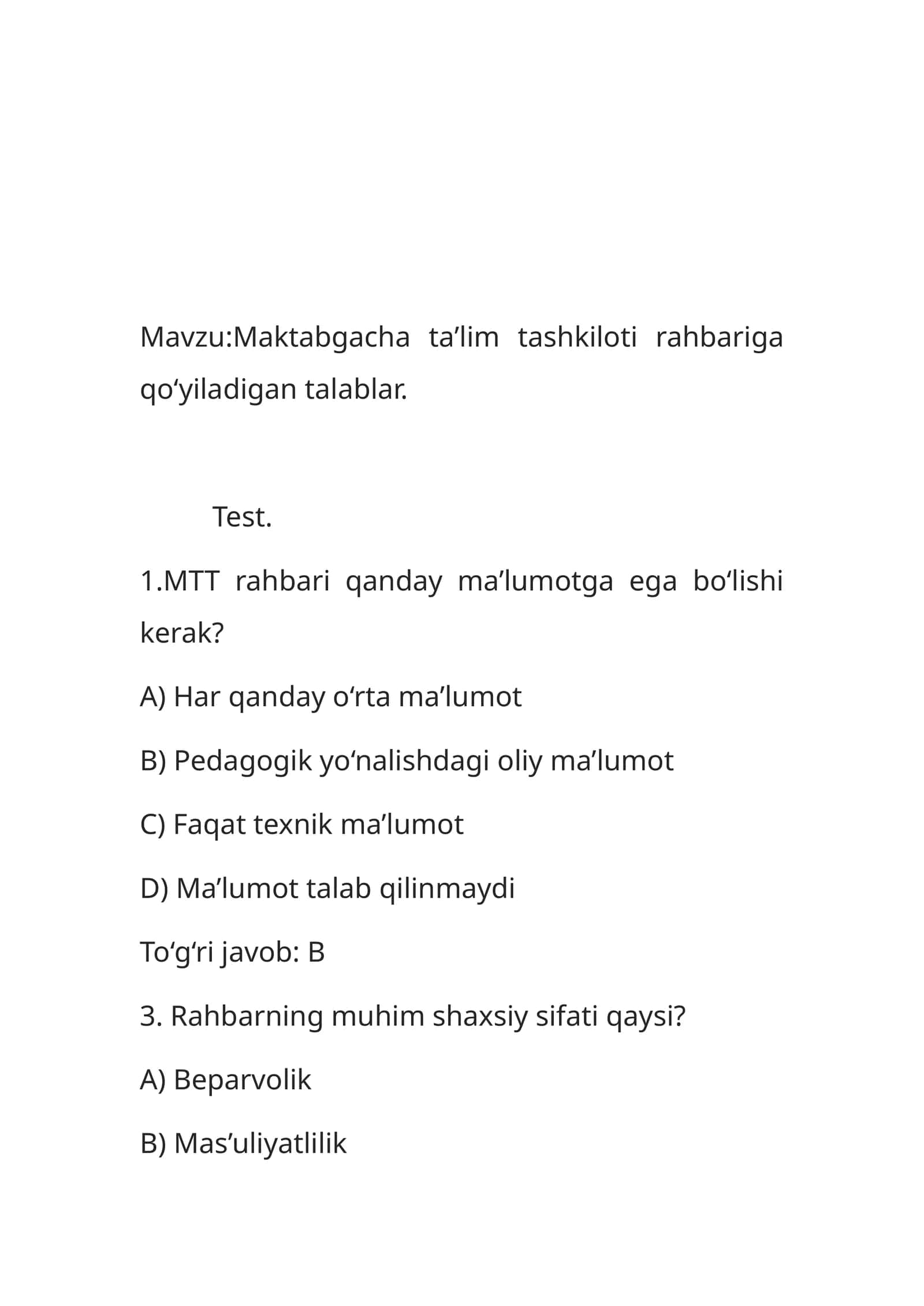 Maktabgacha taʼlim tashkiloti rahbariga qoʻyiladigan talablar 1