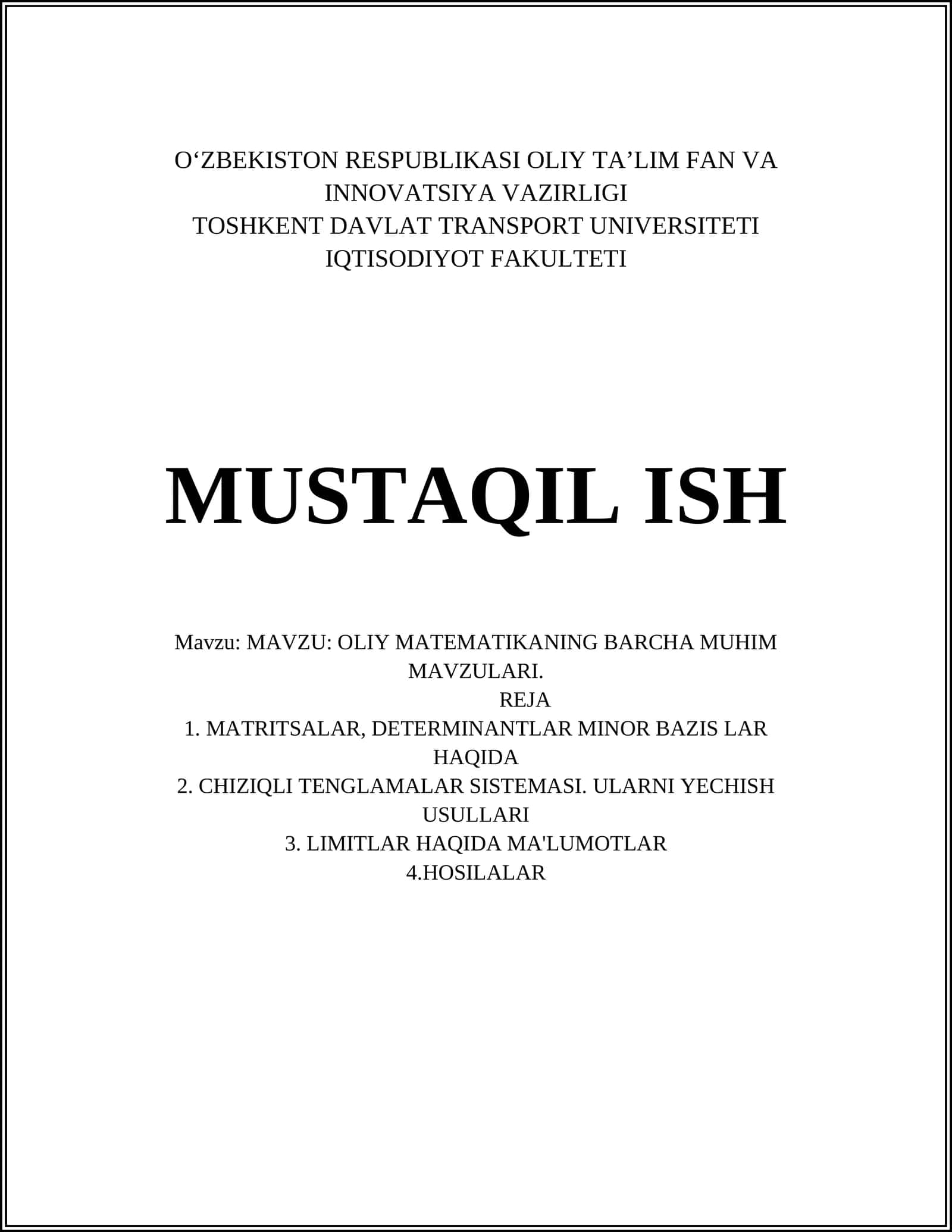 OLIY MATEMATIKANING BARCHA MUHIM MAVZULARI 1