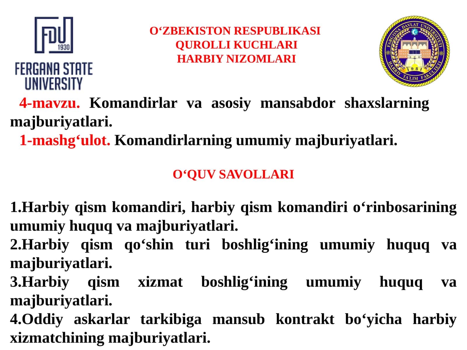 Komandirlar va asosiy mansabdor shaxslarning majburiyatlari 1