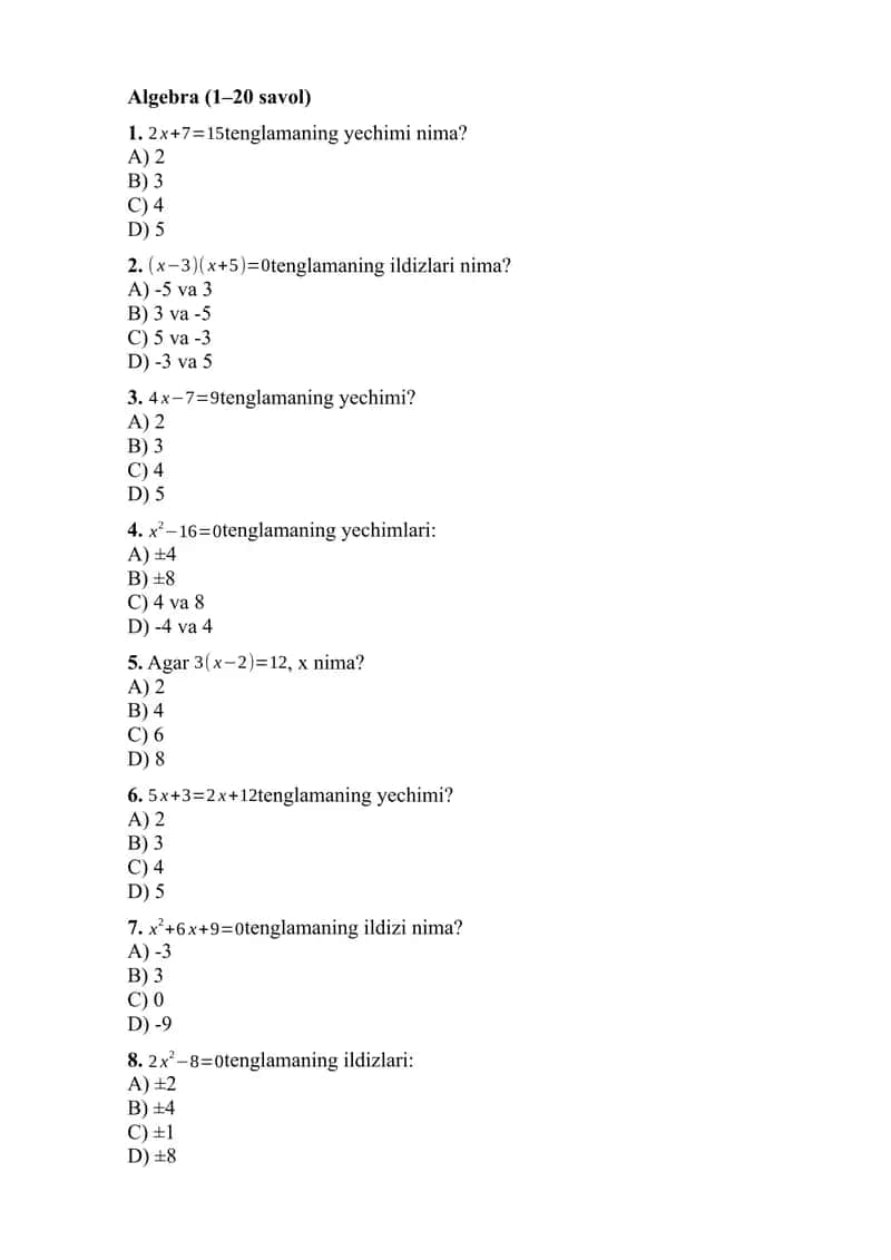 Matematika fan 10 sinflar uchun 100 talik test 1