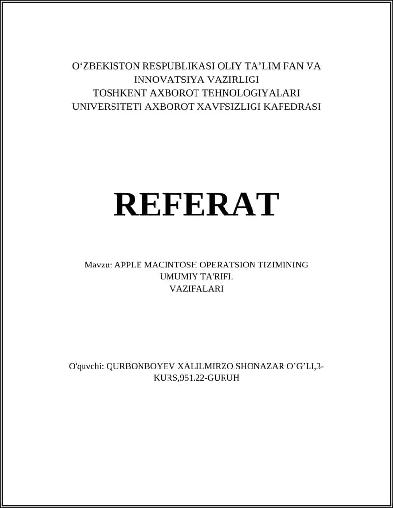 APPLE MACINTOSH OPERATSION TIZIMINING UMUMIY TA'RIFI 1