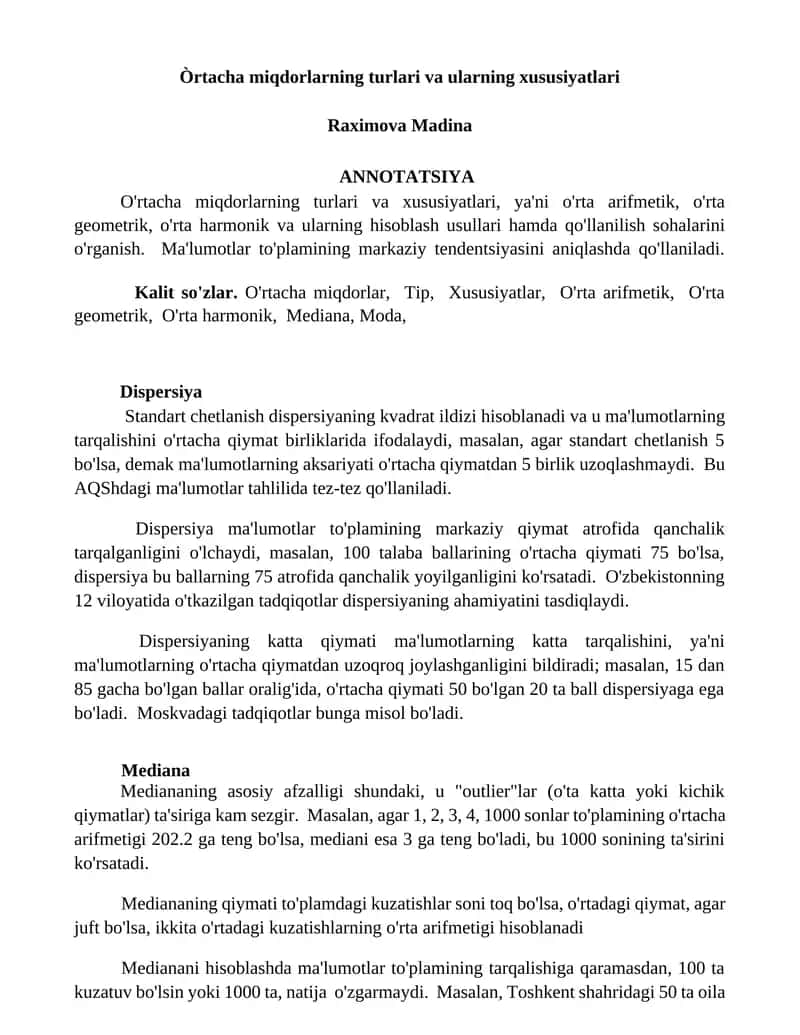 Òrtacha miqdorlarning turlari va ularning xususiyatlari 1