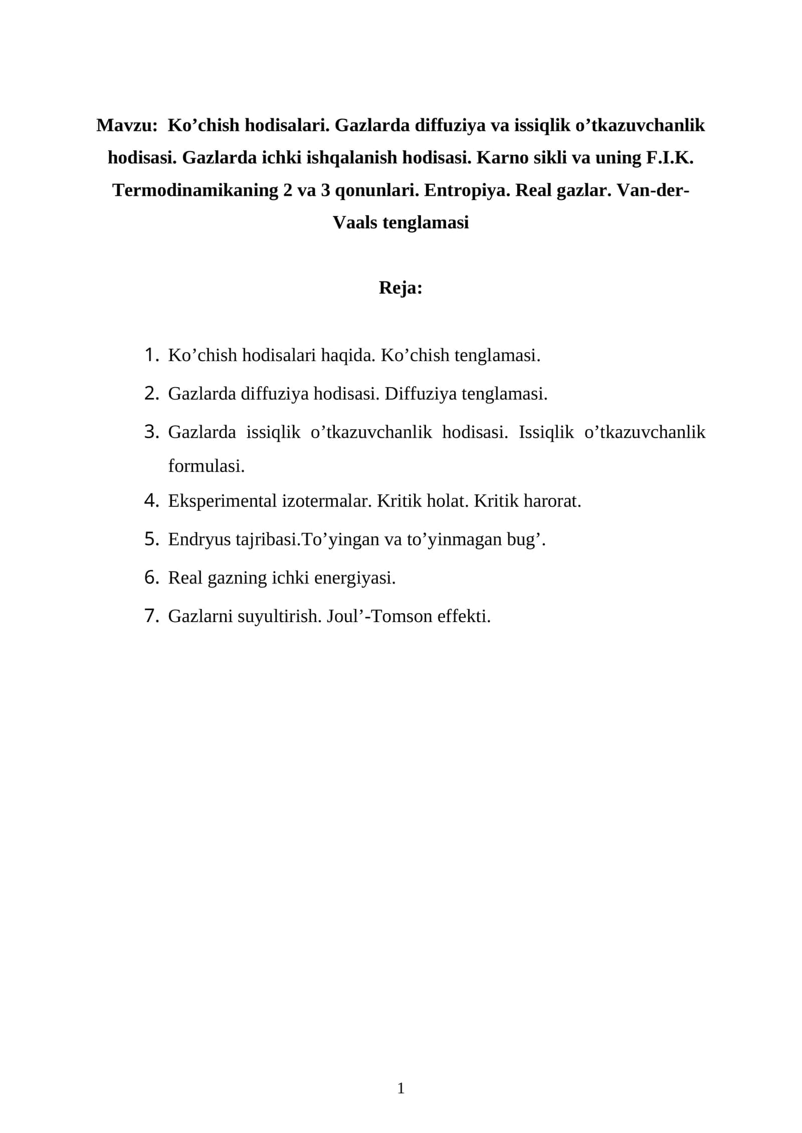 Ko’chish hodisalari va gazlar termodinamikasi 1