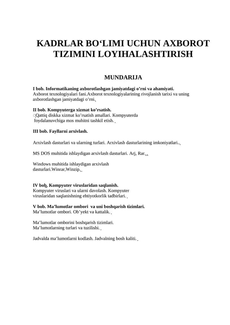 KADRLAR BO‘LIMI UCHUN AXBOROT TIZIMINI LOYIHALASHTIRISH 1