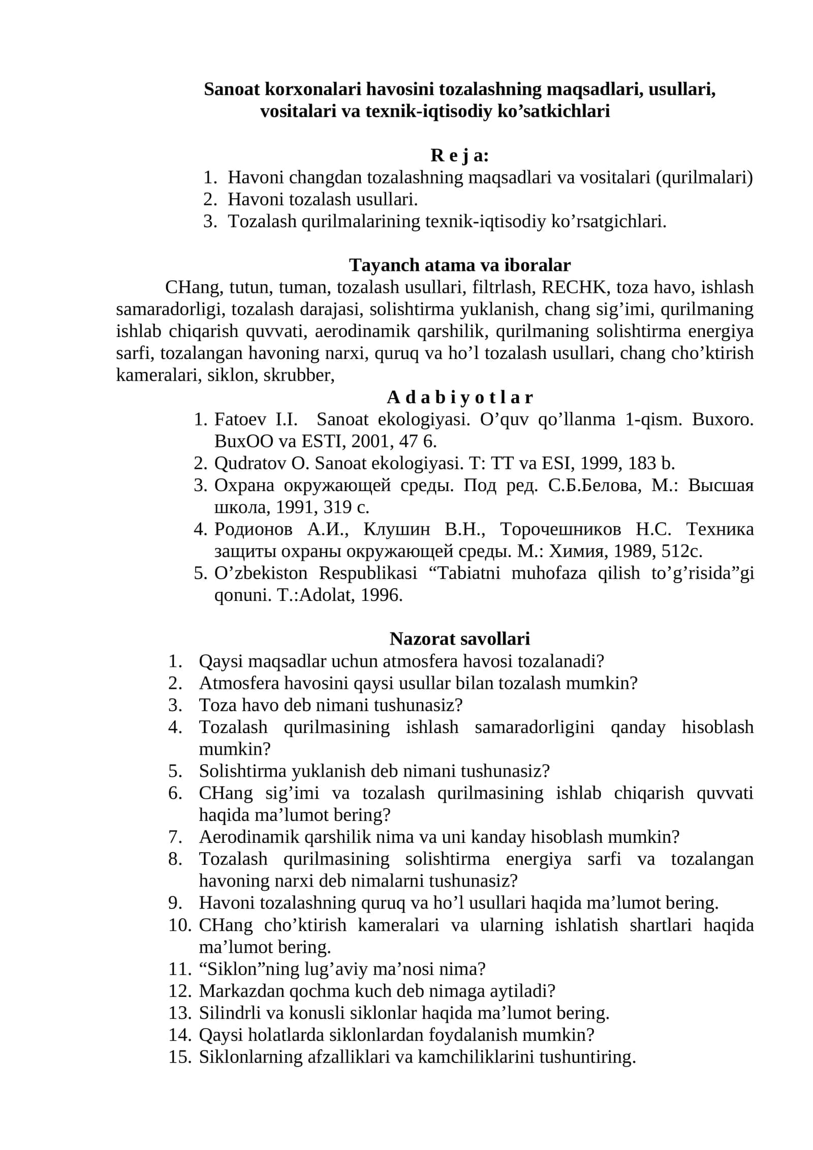 Havoni changdan tozalashning maqsadlari va vositalari (qurilmalari) 1