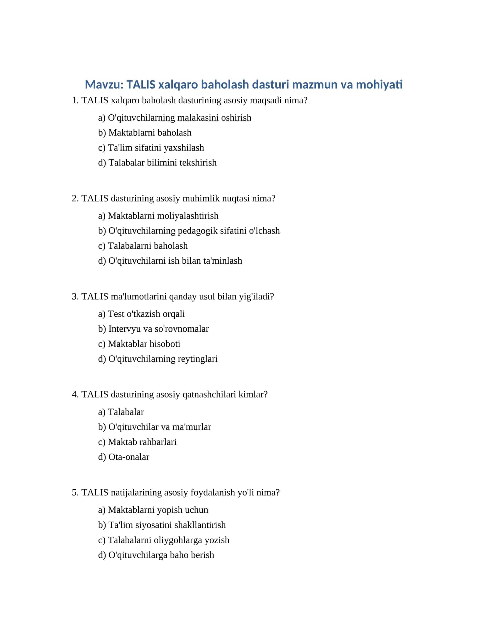 TALIS xalqaro baholash dasturi mazmun va mohiyati 1