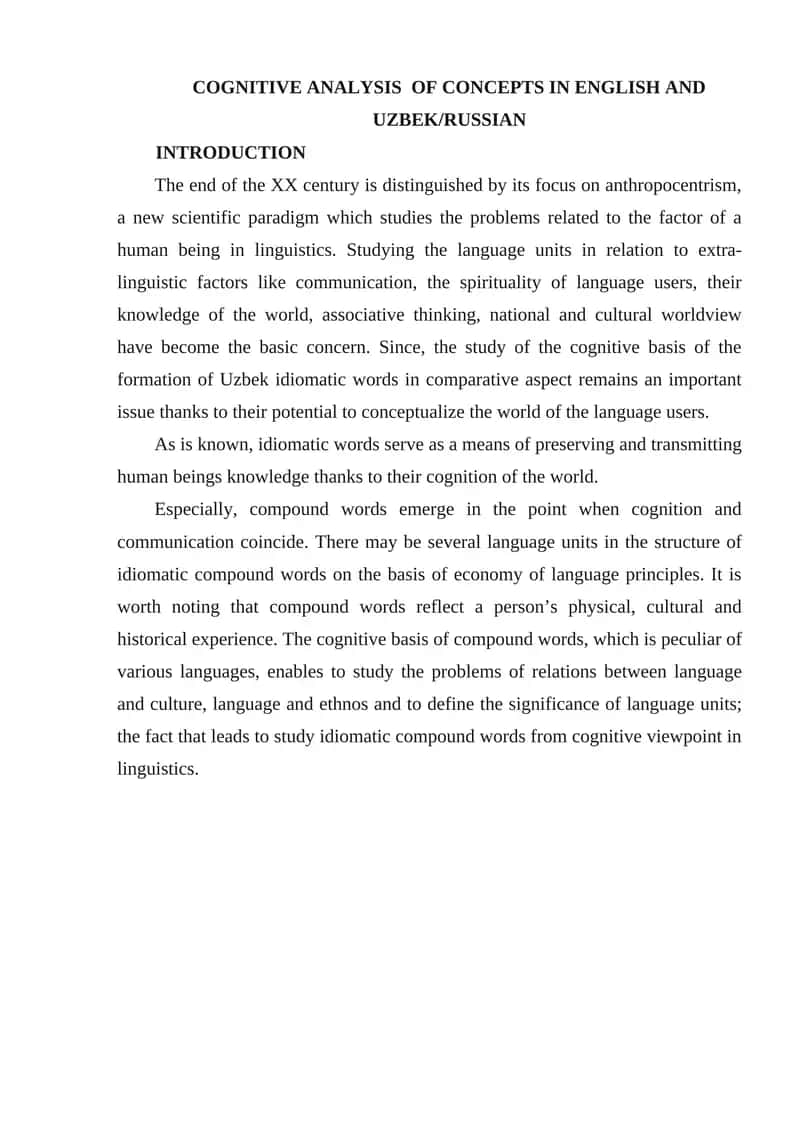 Cognitive Analysis of Concepts in English and Uzbek/Russian 1
