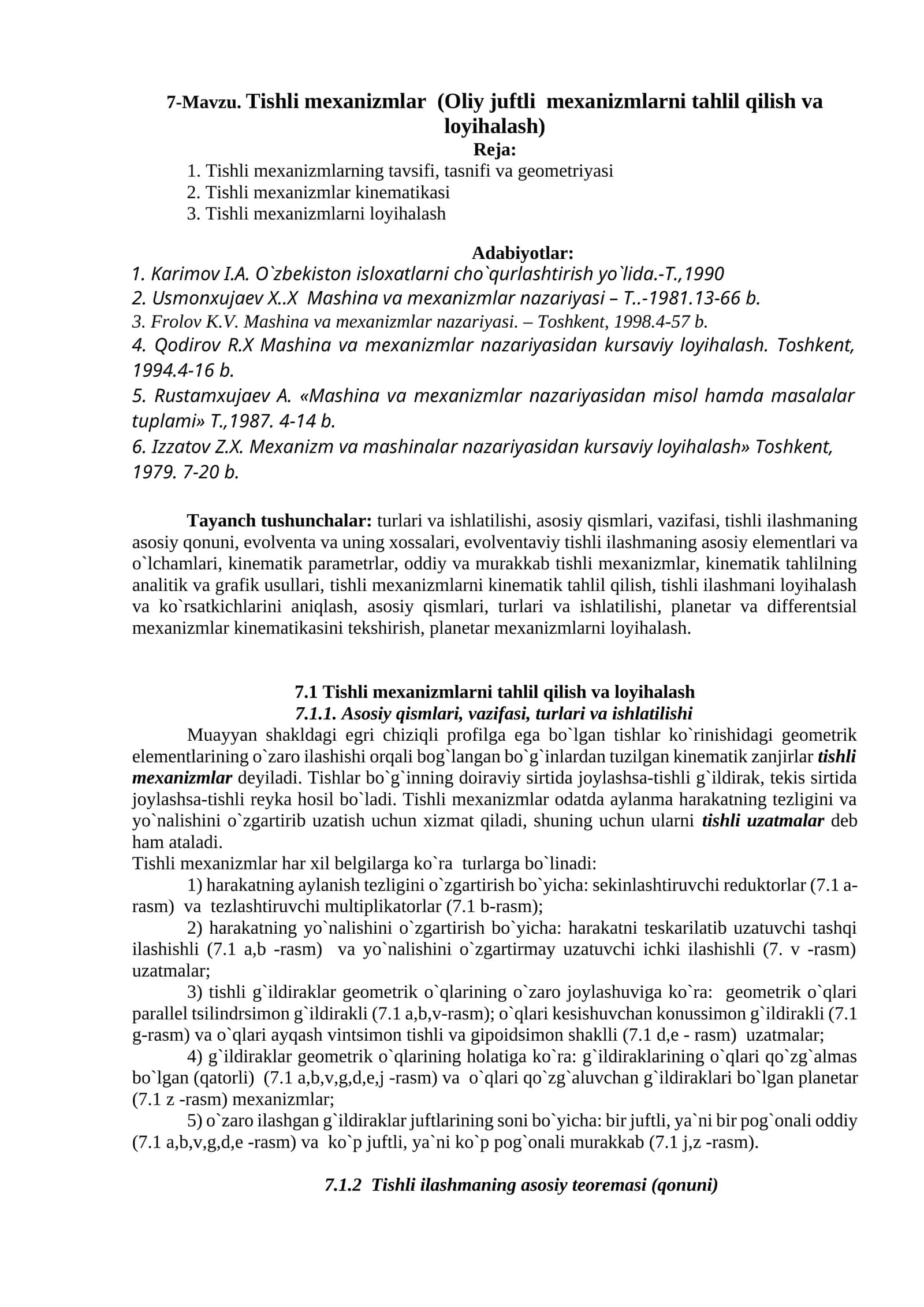 Tishli mехаnizmlаr (Oliy juftli mexanizmlarni tahlil qilish va loyihalash) 1