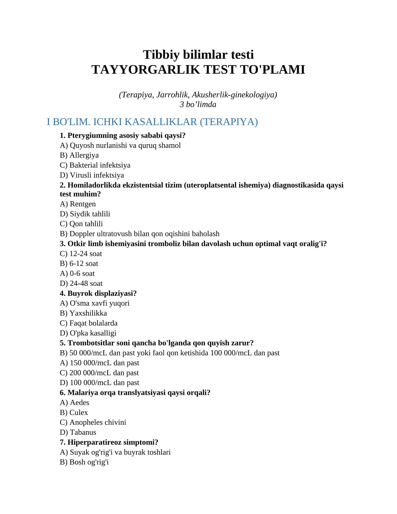 Tibbiy bilimlar testi 1