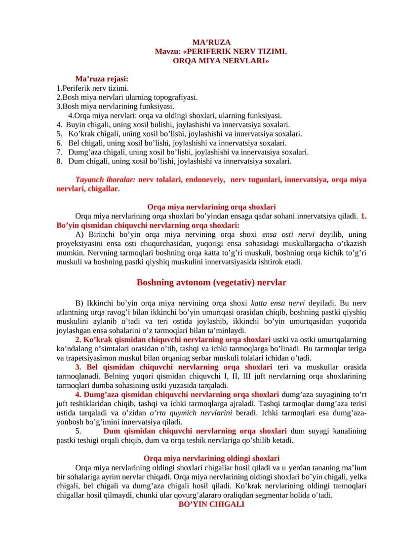 Periferik nerv tizimi. ORQA MIYA NERVLARI 1
