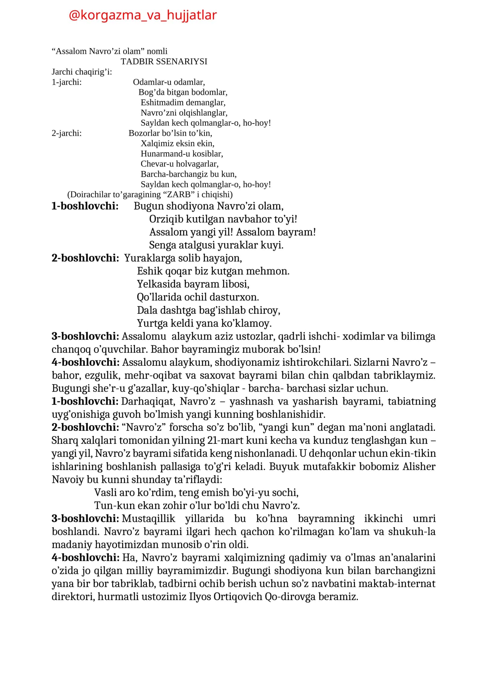 Assalom Navro’zi olam TADBIR SSENARIYSI 1