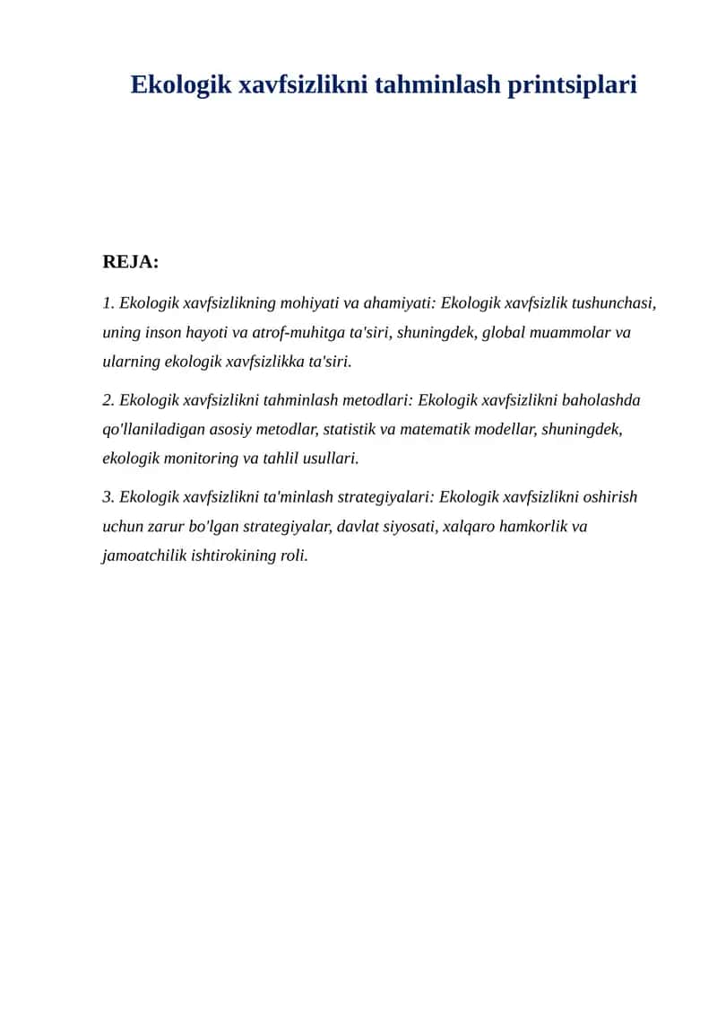 Ekologik xavfsizlikni tahminlash printsiplari 1