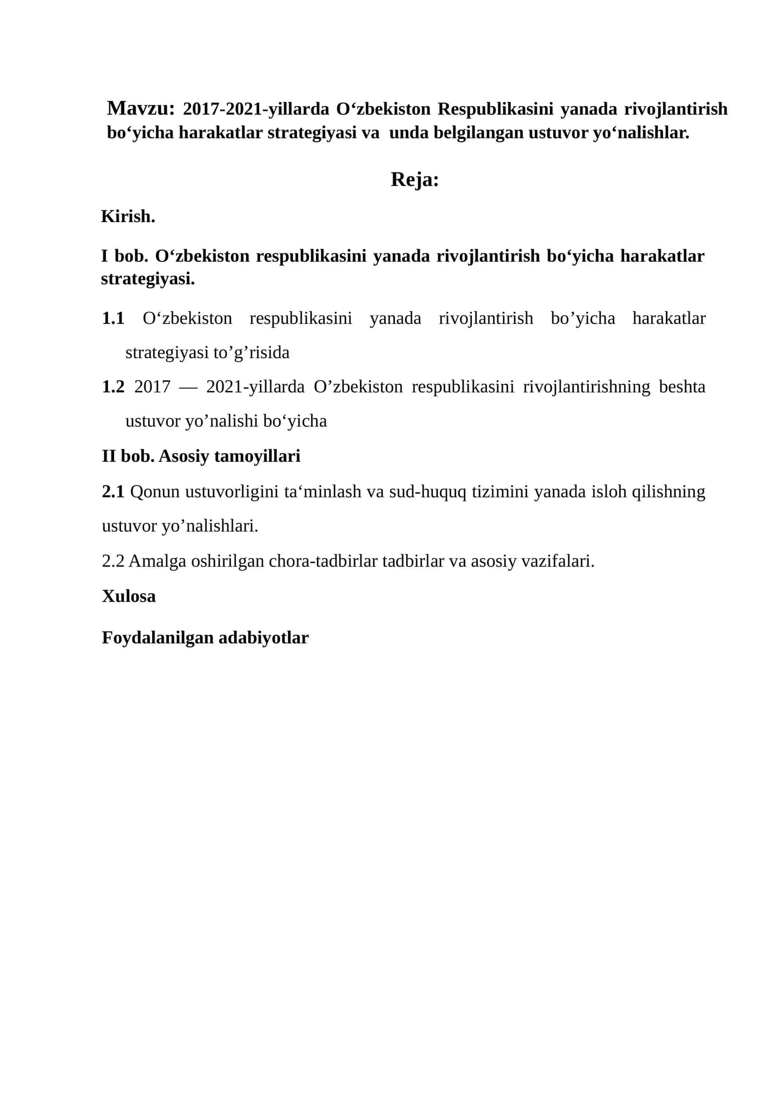 O‘zbekiston Respublikasini yanada rivojlantirish boʻyicha harakatlar strategiyasi va unda belgilangan ustuvor yoʻnalishlar 1