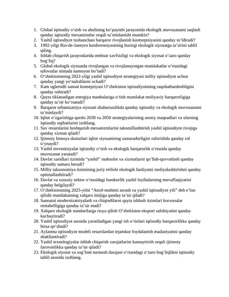 Global iqtisodiy o‘sish va aholining ko‘payishi jarayonida ekologik muvozanatni saqlash mexanizmlari 1