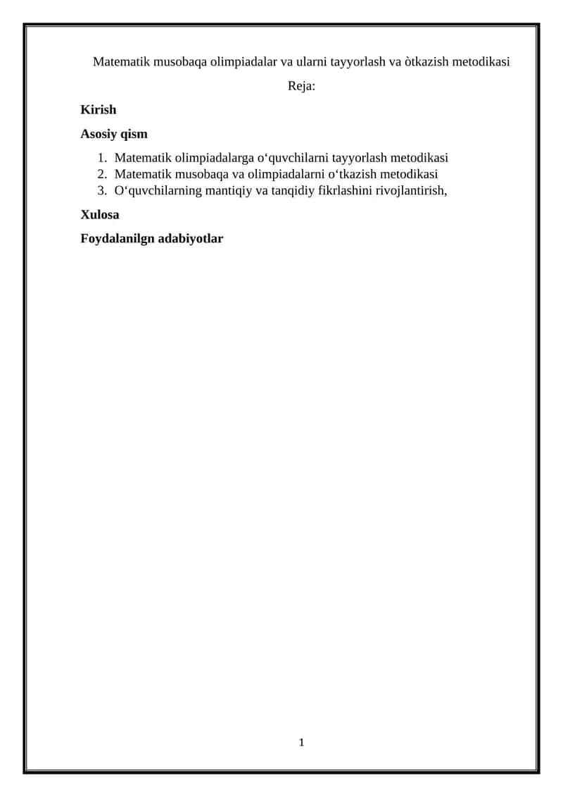 Matematik musobaqa olimpiadalar va ularni tayyorlash va òtkazish metodikasi 1