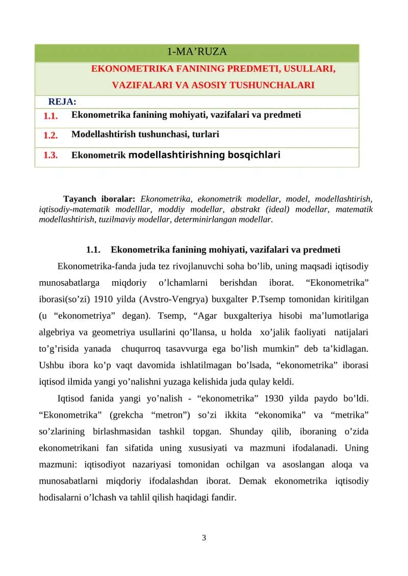 Ekonometrika Fanining Predmeti, Usullari, Vazifalari va Asosiy Tushunchalari 1