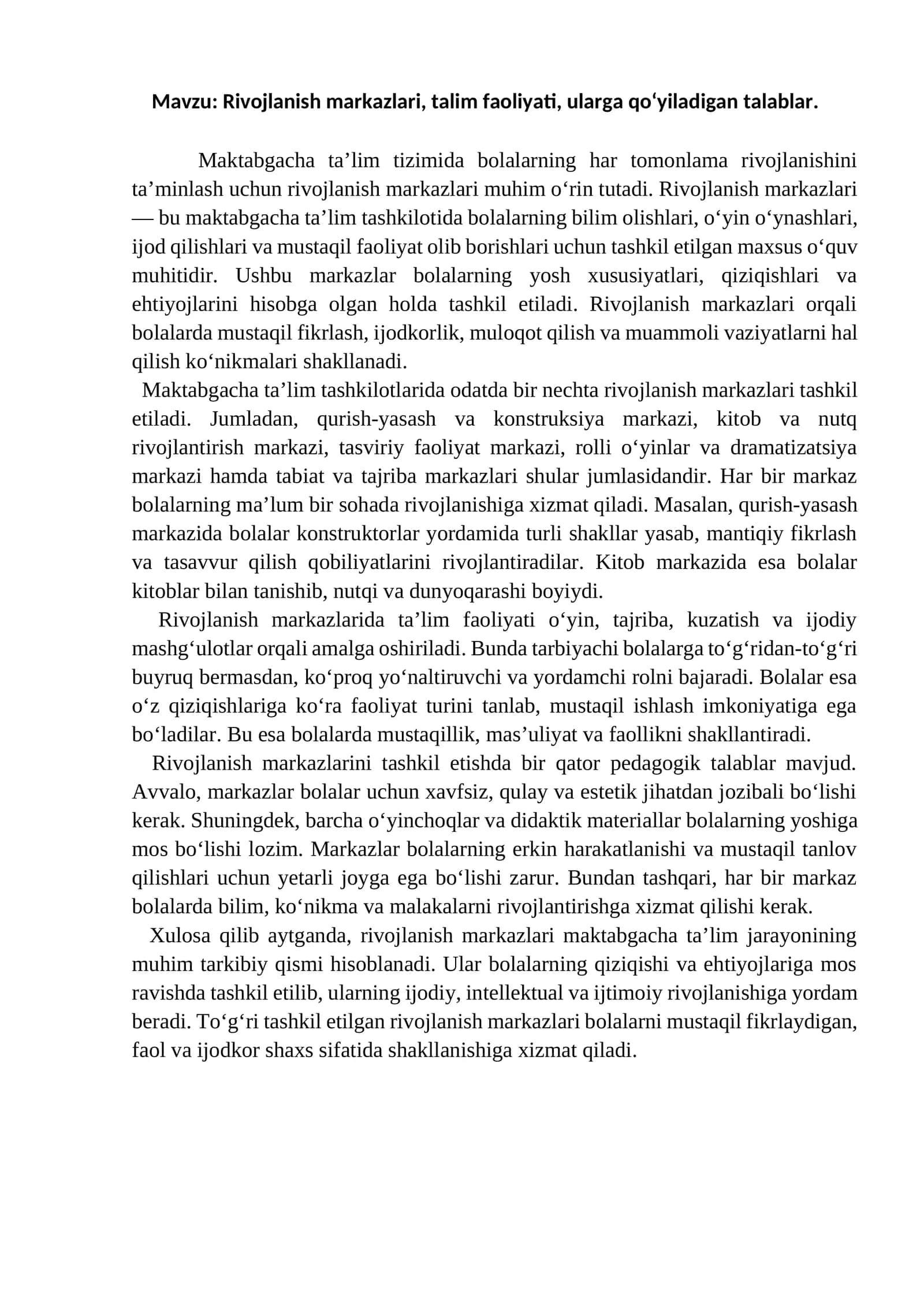 Maktabgacha ta’limda Rivojlanish Markazlari 1