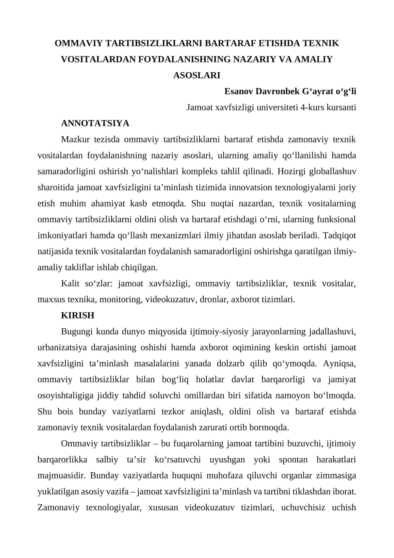 OMMAVIY TARTIBSIZLIKLARNI BARTARAF ETISHDA TEXNIK VOSITALARDAN FOYDALANISHNING NAZARIY VA AMALIY ASOSLARI 1