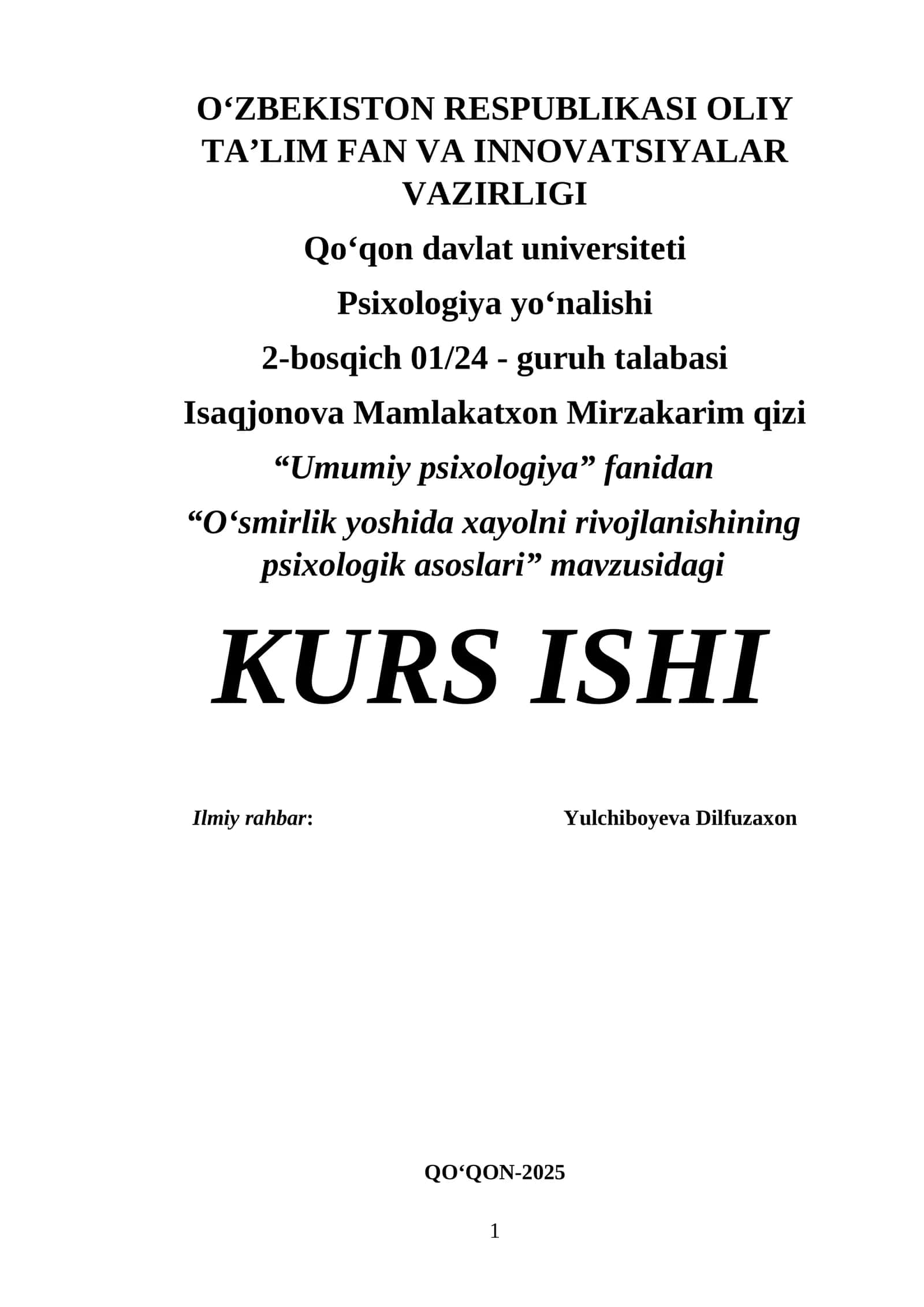O‘smirlik yoshida xayolni rivojlanishining psixologik asoslari 1