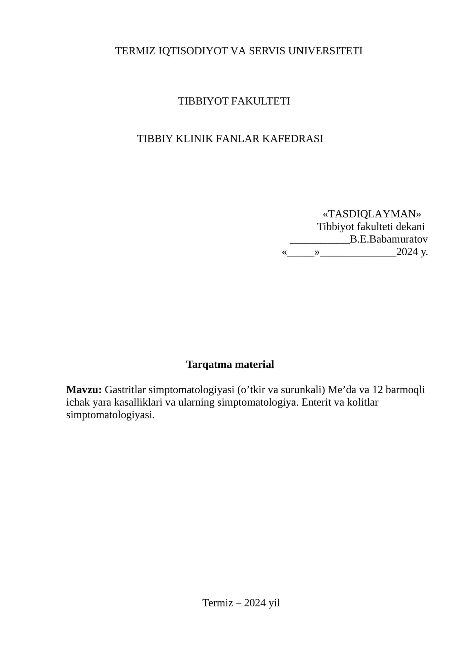 Gastritlar simptomatologiyasi (oʼtkir va surunkali) Meʼda va 12 barmoqli ichak yara kasalliklari va ularning simptomatologiya. Enterit va kolitlar simptomatologiyasi 1