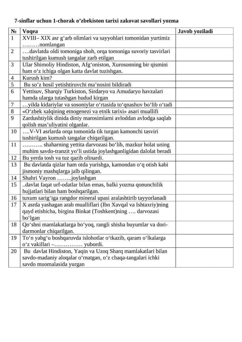 7-sinflar uchun 1-chorak o’zbekiston tarixi zakovat savollari yozma 1