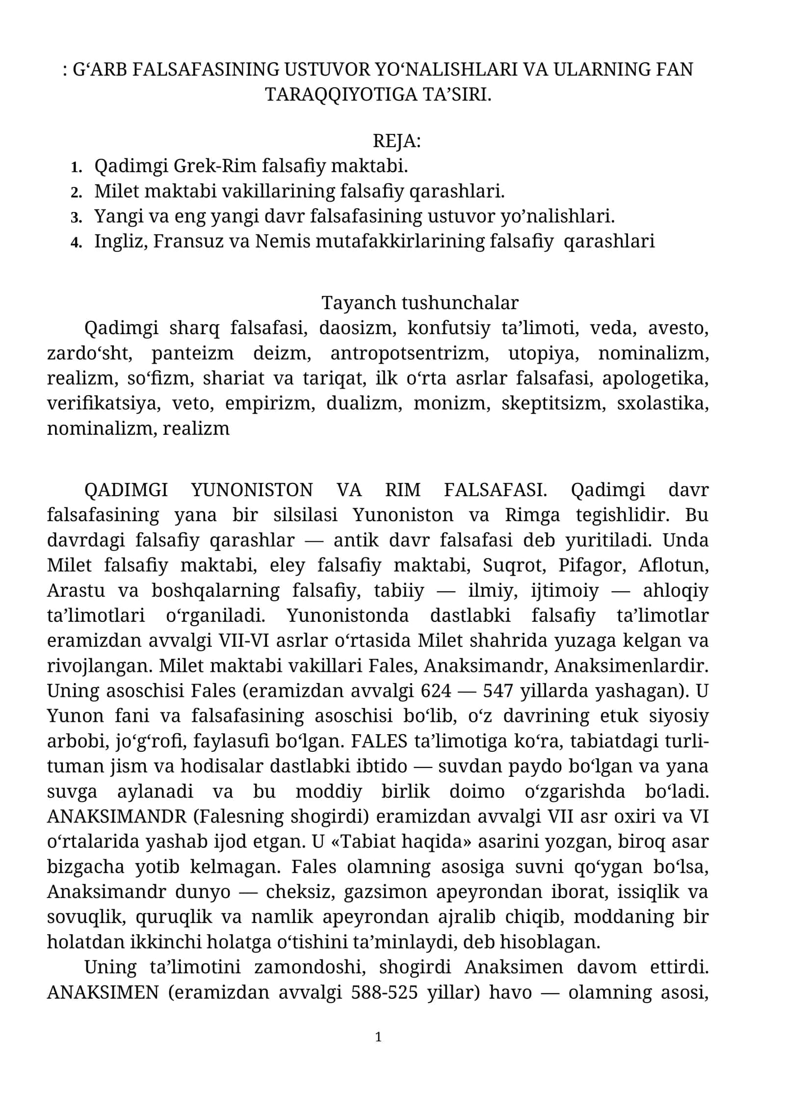 Qadimgi Yunoniston va Rim Falsafasi 1