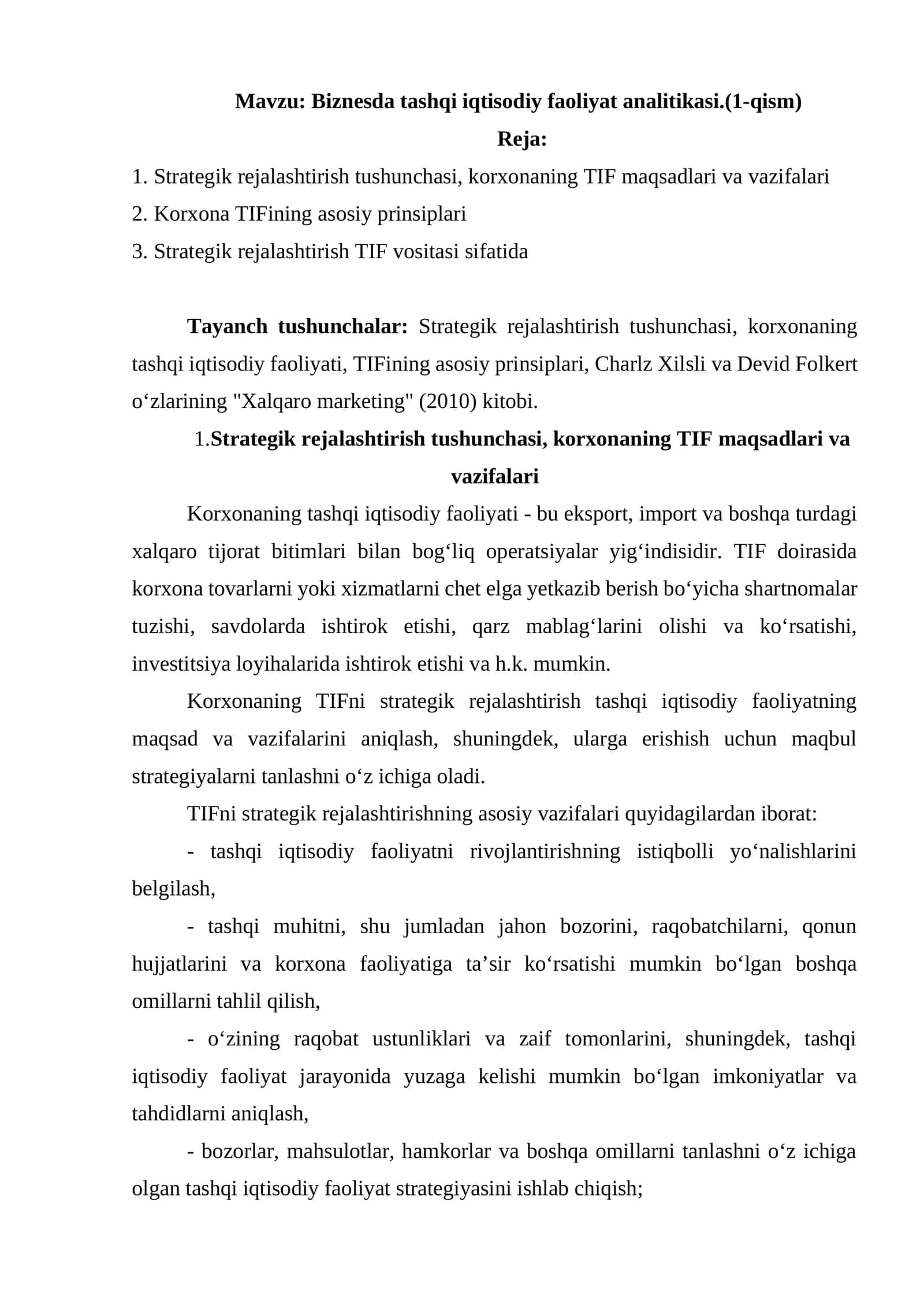 Biznesda tashqi iqtisodiy faoliyat analitikasi.(1-qism) 1