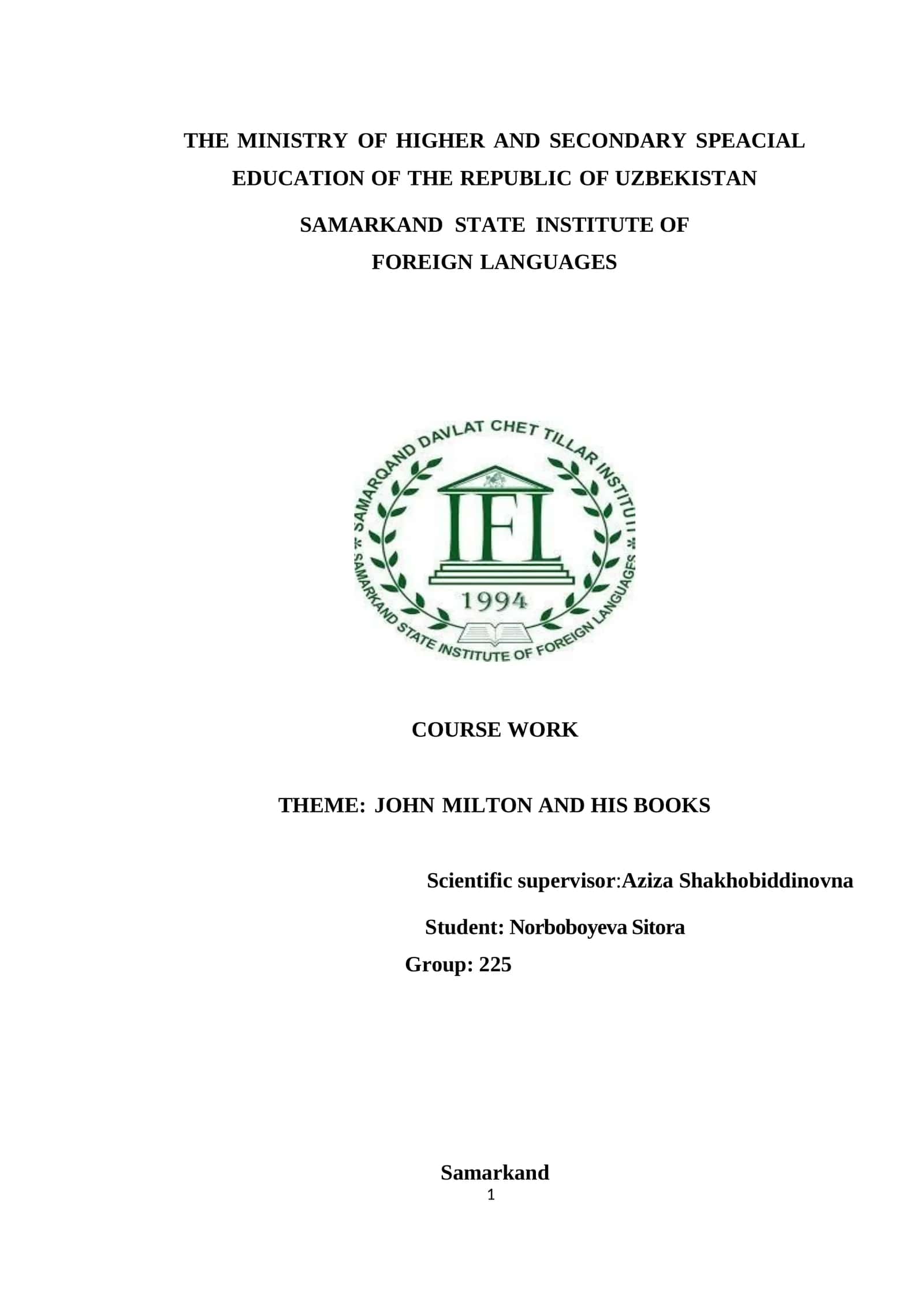 COURSE WORK: JOHN MILTON AND HIS BOOKS 1