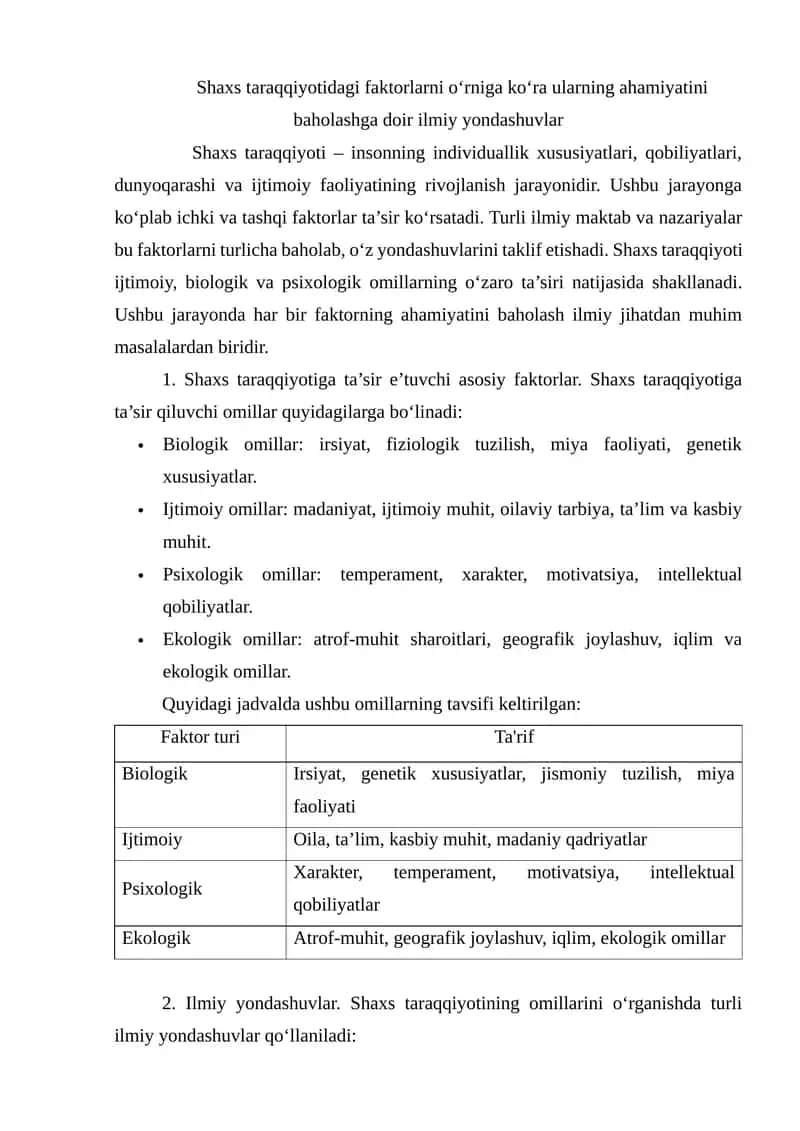 Shaxs taraqqiyotidagi faktorlarni o‘rniga ko‘ra ularning ahamiyatini baholashga doir ilmiy yondashuvlar 1