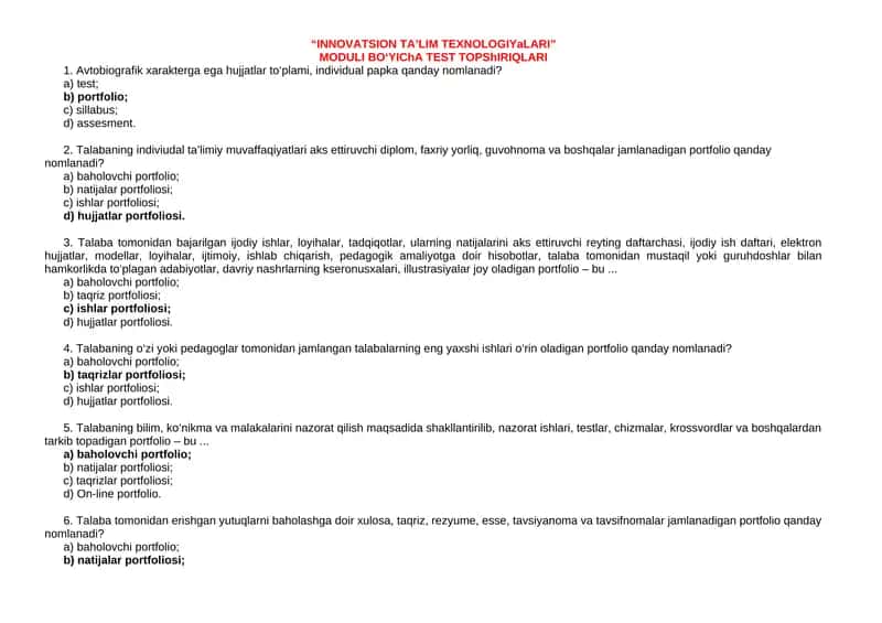 INNOVATSION TA’LIM TEXNOLOGIYaLARI MODULI BO‘YIChA TEST TOPShIRIQLARI 1