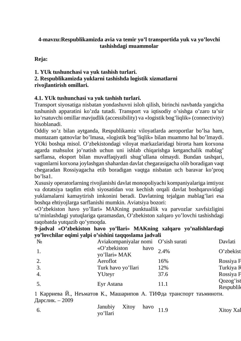 Rеspublikаmizdа аviа vа tеmir yo’l trаnspоrtidа yuk vа yo’lоvchi tаshishdаgi muаmmоlаr 1