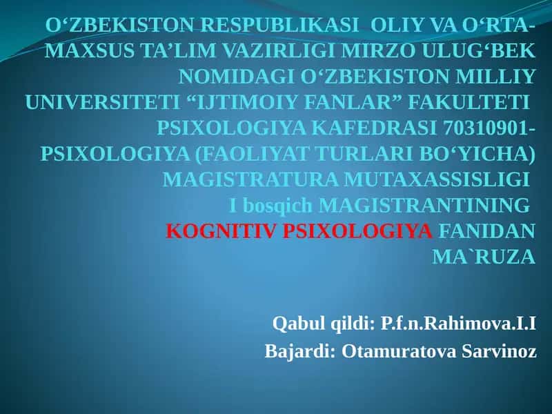 PSIXOLOGIYA (FAOLIYAT TURLARI BOʻYICHA) MAGISTRATURA MUTAXASSISLIGI 1
