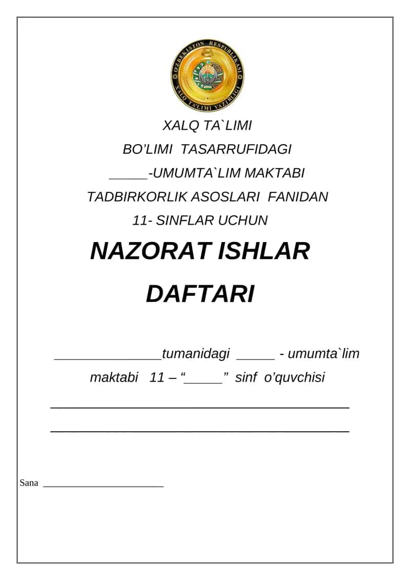 Tadbirkorlik asoslari fanidan 11-sinflar uchun nazorat ishlar daftari 1