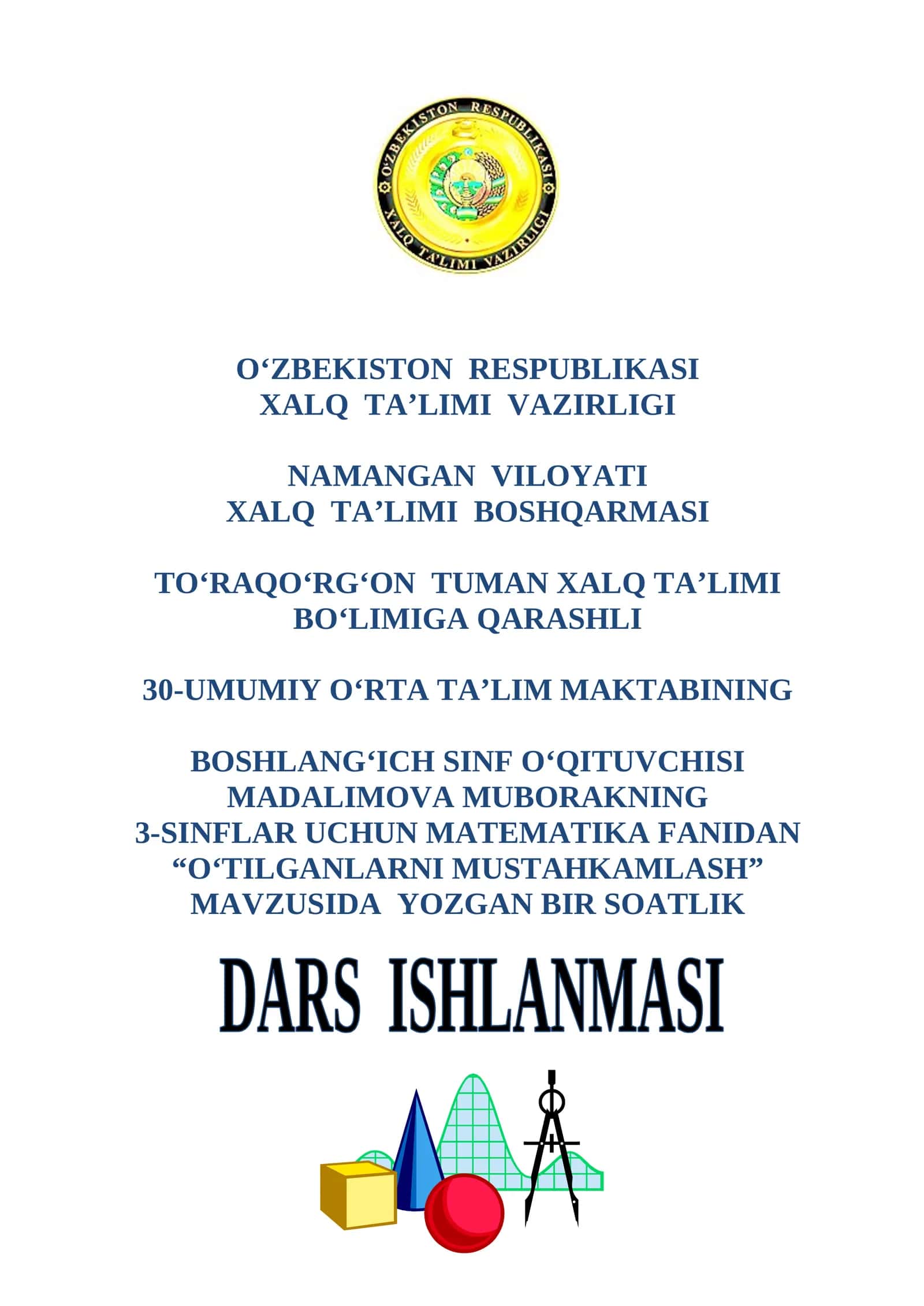 3-sinf Matematika fanidan O'tilganlarni mustahkamlash dars ishlanmasi 1