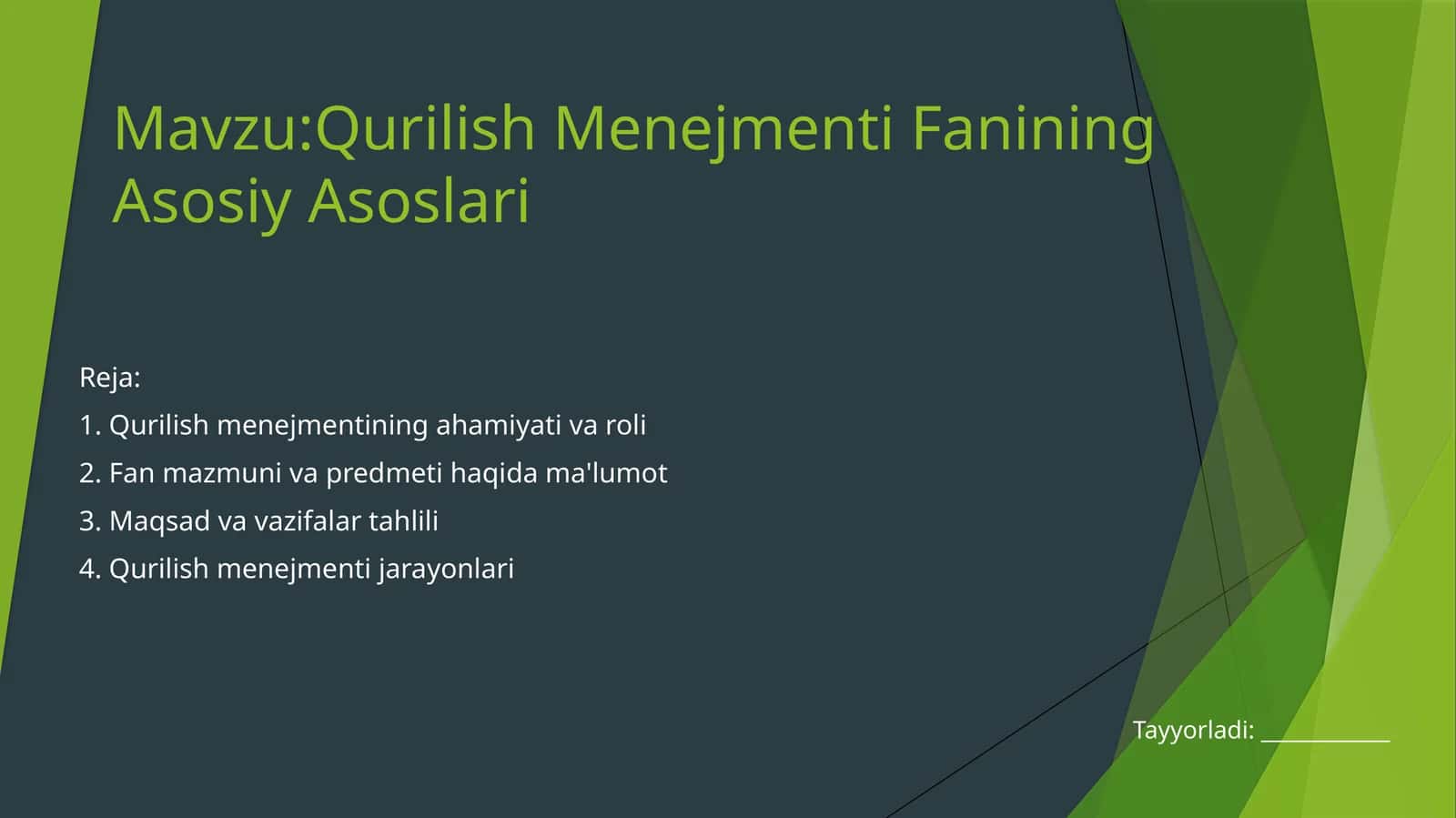 Qurilish Menejmenti Fanining Asosiy Asoslari 1