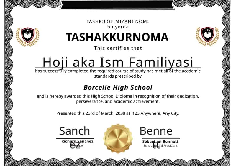 Tashakkurnoma shablon tayyori andoza 1