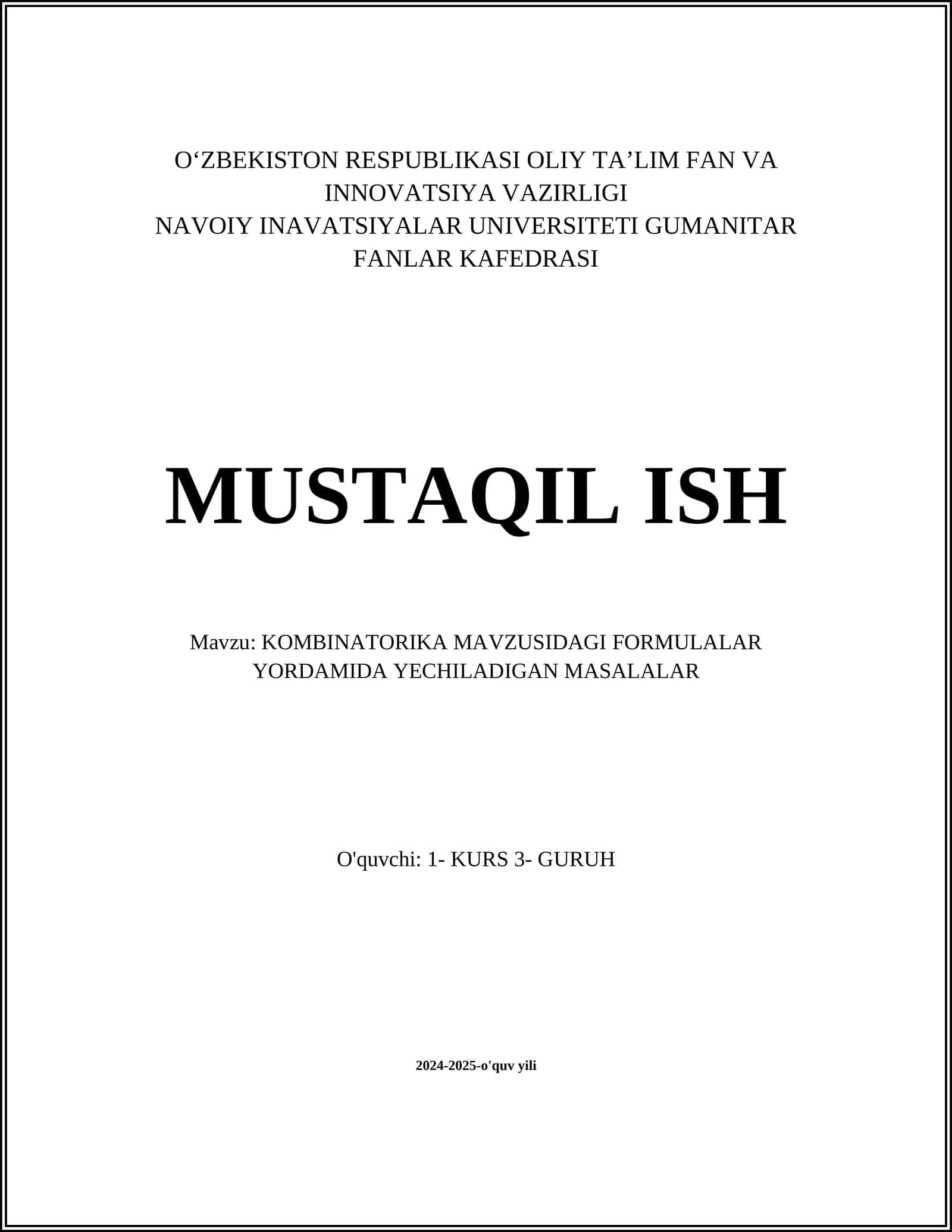 KOMBINATORIKA MAVZUSIDAGI FORMULALAR YORDAMIDA YECHILADIGAN MASALALAR 1