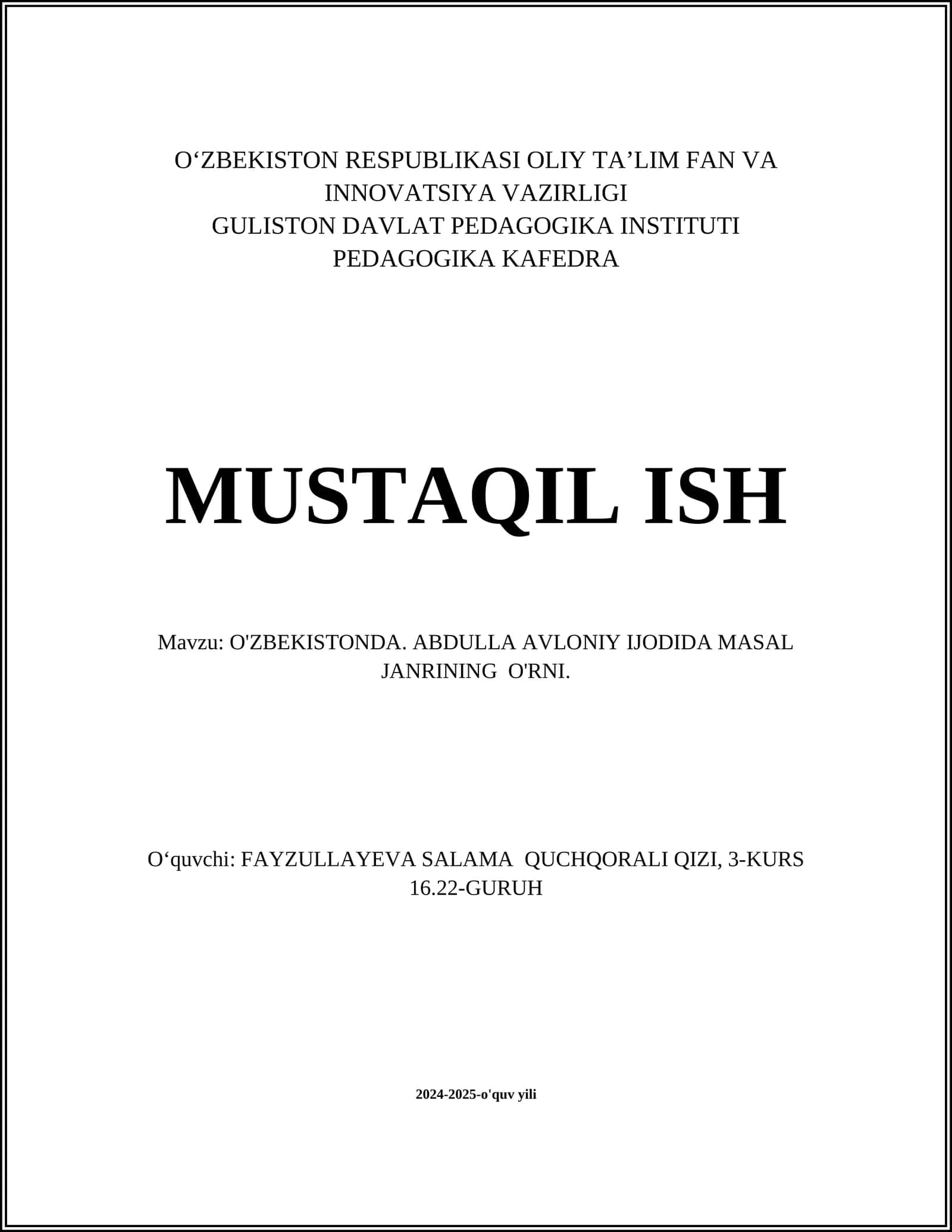 O'ZBEKISTONDA. ABDULLA AVLONIY IJODIDA MASAL JANRINING O'RNI 1