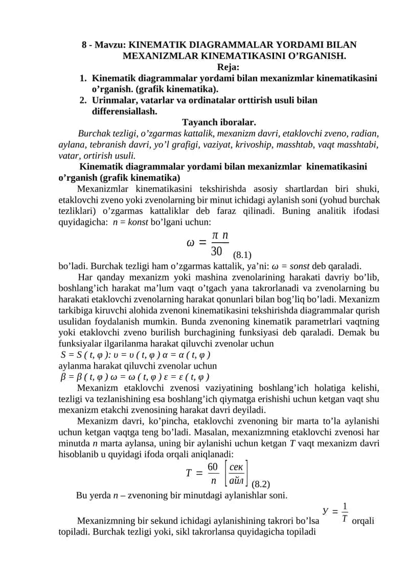 KINEMATIK DIAGRAMMALAR YORDAMI BILAN MEXANIZMLAR KINEMATIKASI 1
