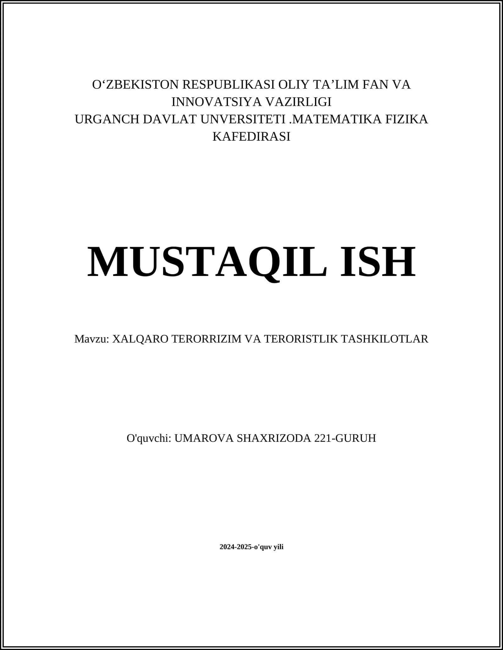 XALQARO TERORRIZIM VA TERORISTLIK TASHKILOTLAR 1