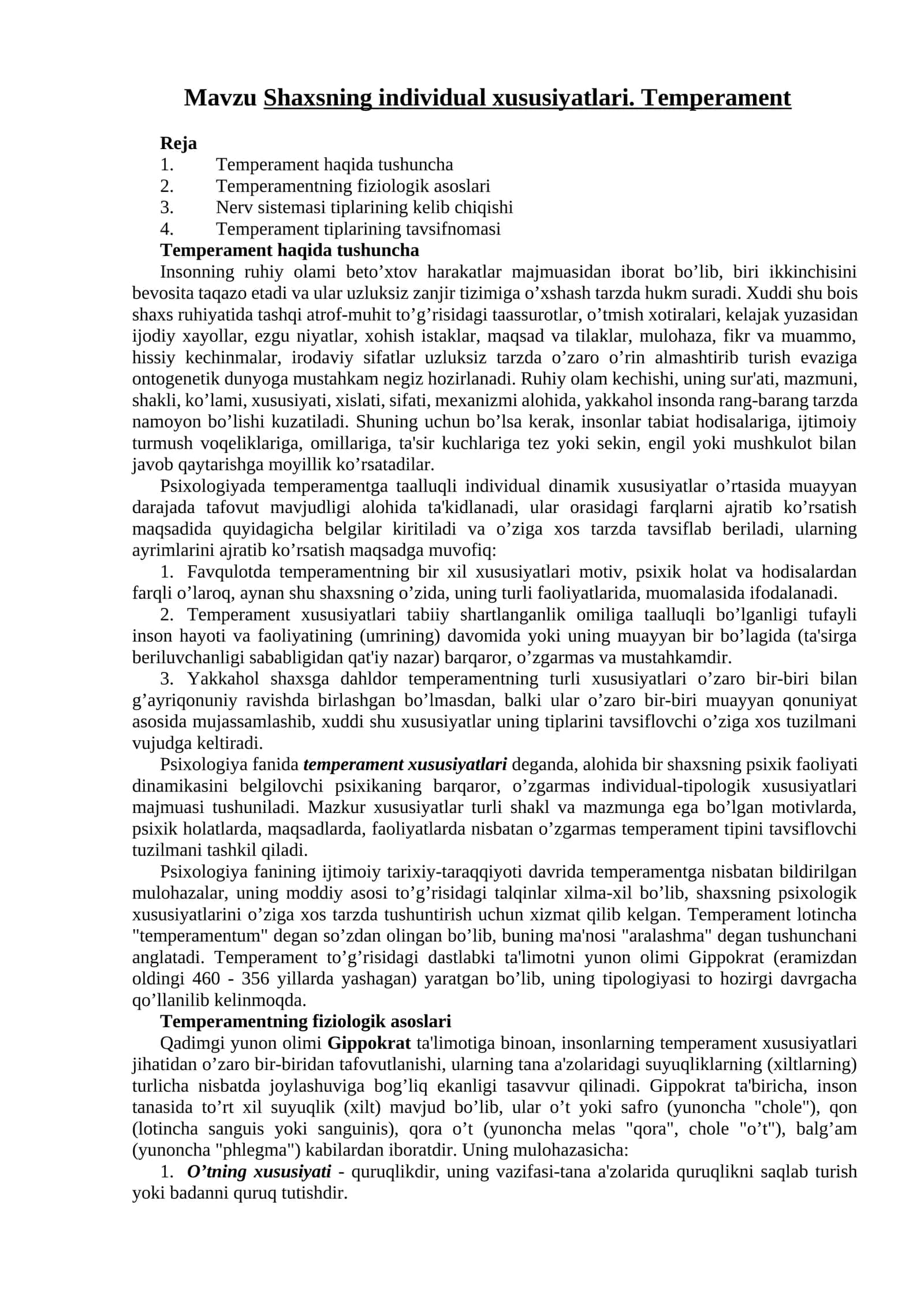 Shaxsning individual xususiyatlari. Temperament 1
