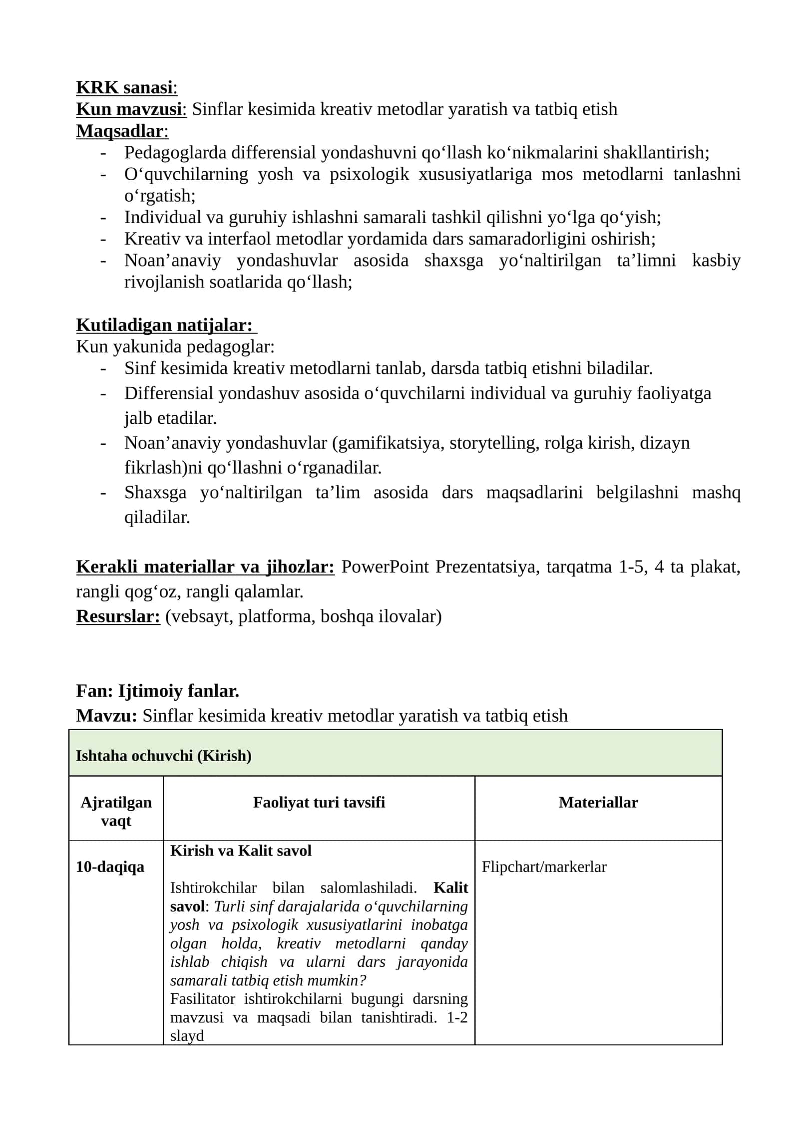 Sinflar kesimida kreativ metodlar yaratish va tatbiq etish 1