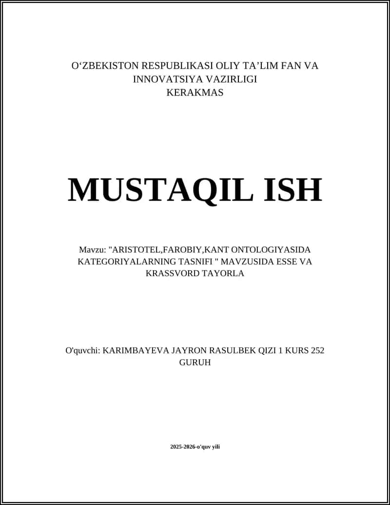 ARISTOTEL,FAROBIY,KANT ONTOLOGIYASIDA KATEGORIYALARNING TASNIFI 1