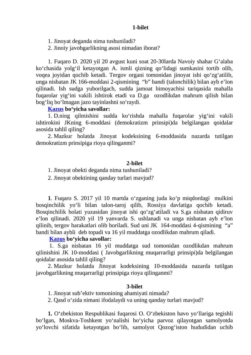 Jinoyat va huquqshunoslik. Bilet 1 1