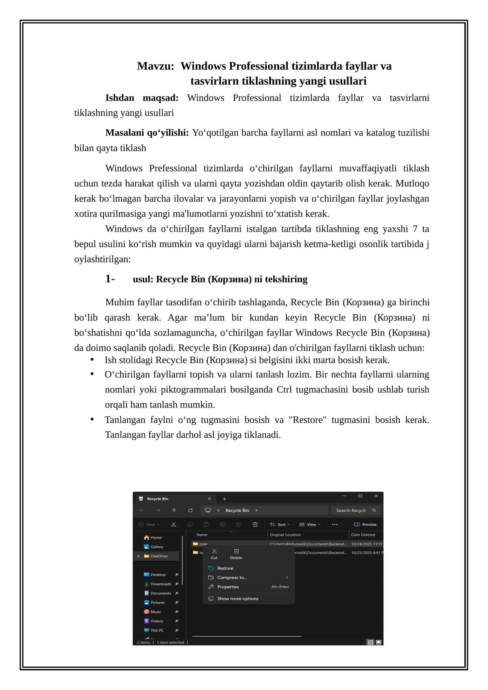 Windows Professional tizimlarda fayllar va tasvirlarn tiklashning yangi usullari 1