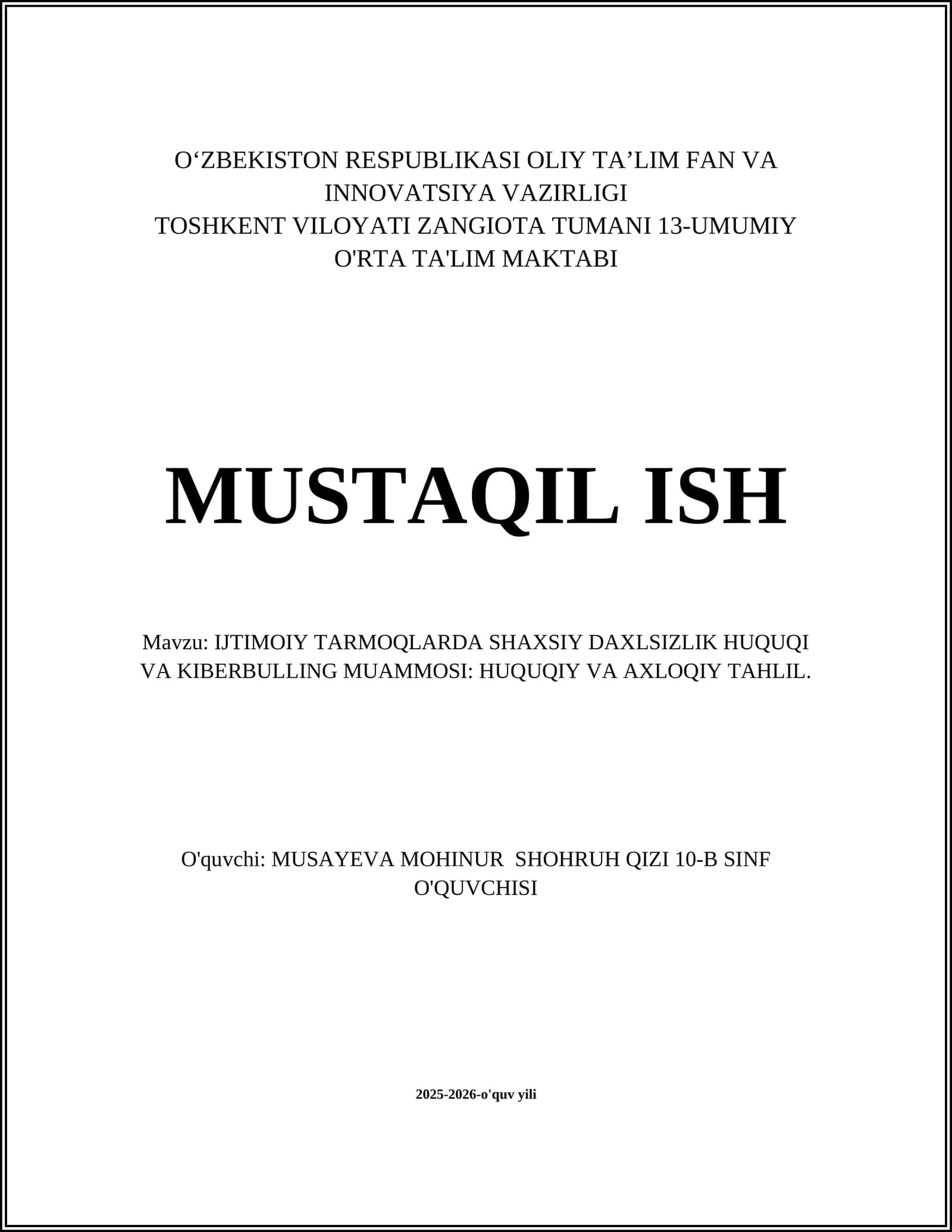 IJTIMOIY TARMOQLARDA SHAXSIY DAXLSIZLIK HUQUQI VA KIBERBULLING MUAMMOSI: HUQUQIY VA AXLOQIY TAHLIL 1