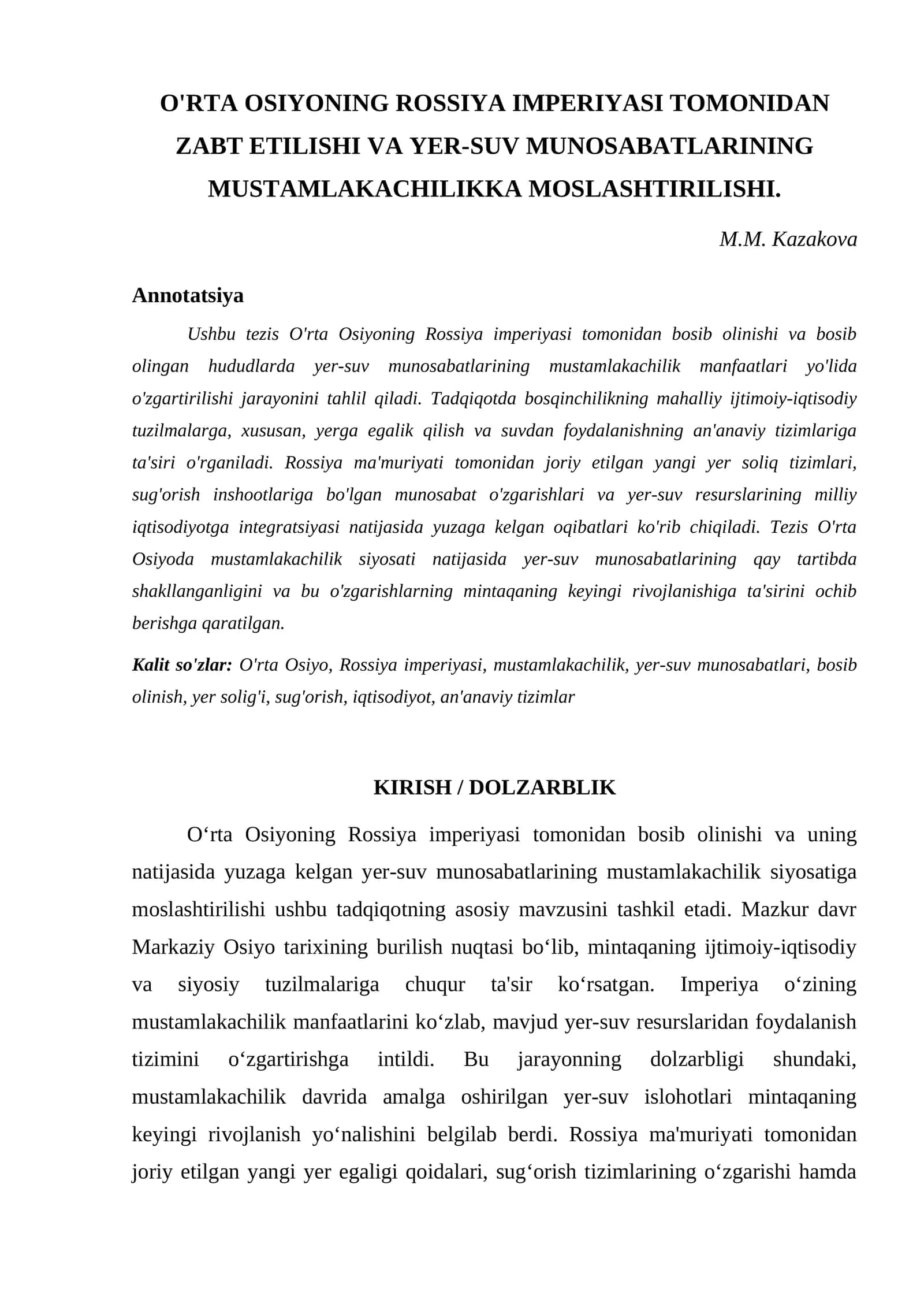 O'RTA OSIYONING ROSSIYA IMPERIYASI TOMONIDAN ZABT ETILISHI VA YER-SUV MUNOSABATLARINING MUSTAMLAKACHILIKKA MOSLASHTIRILISHI 1
