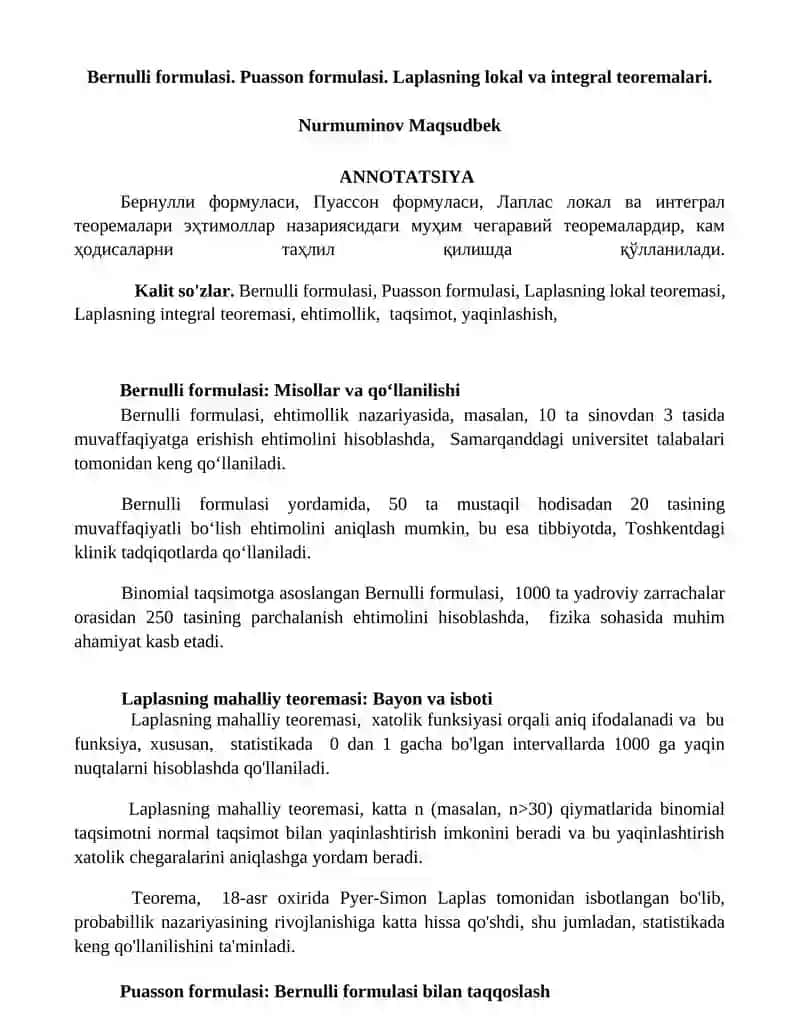 Bernulli formulasi, Puasson formulasi, Laplasning lokal va integral teoremalari